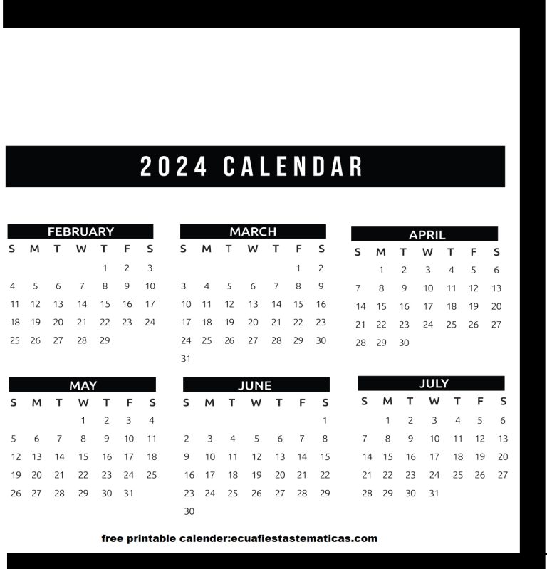2024 Year February to july Calendar