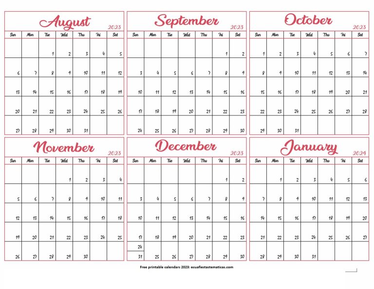 Calendar 2023 August to January 2024