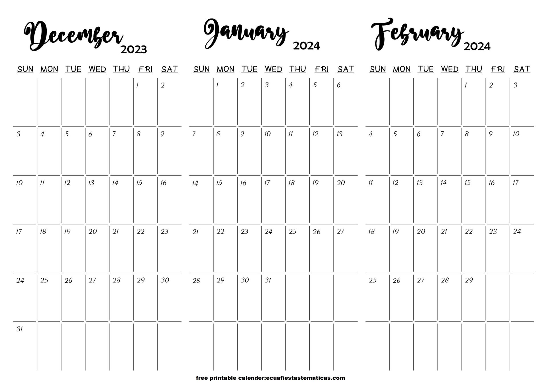 December 2023 January February 2024 Calendar printable