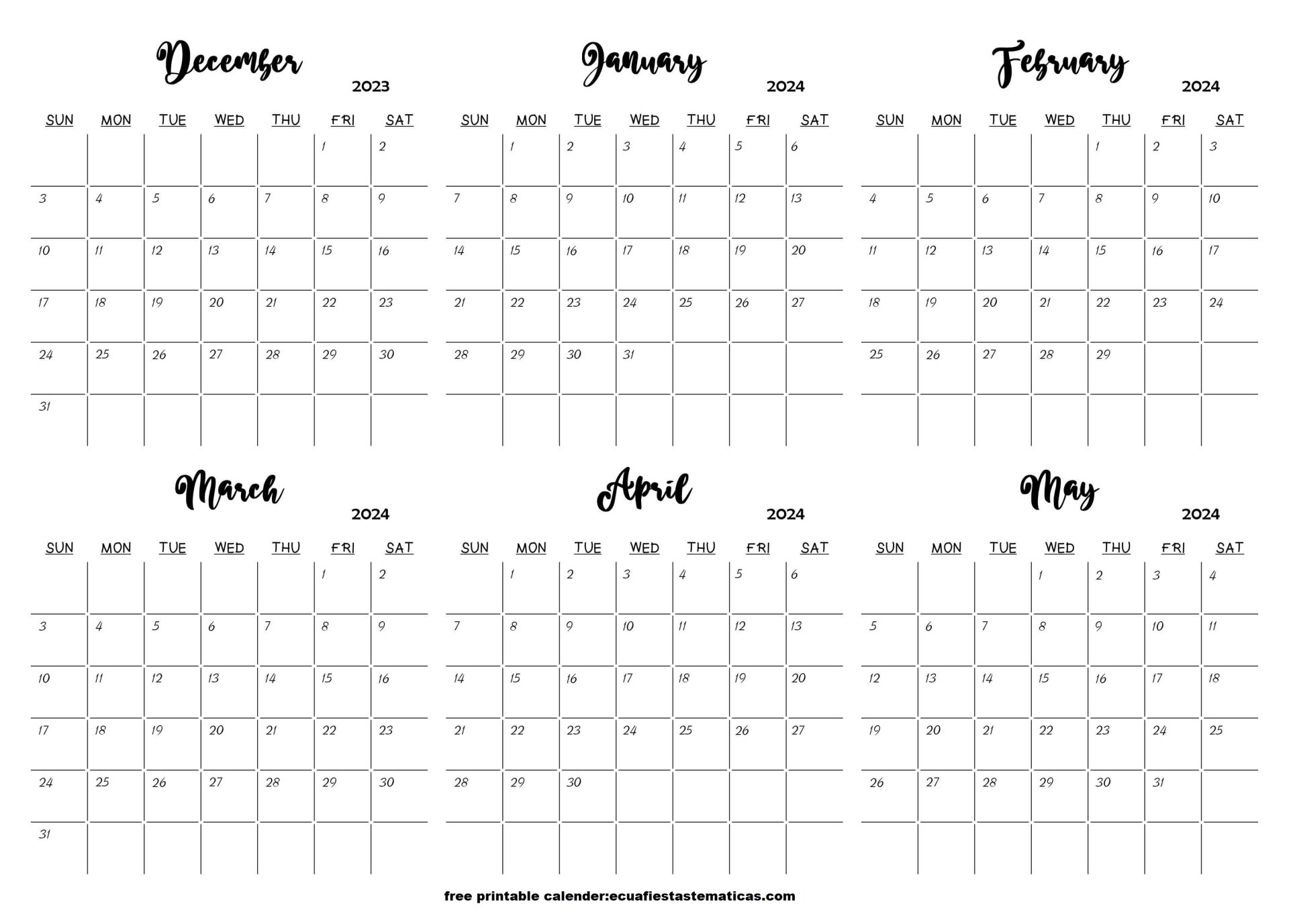 December 2023 to May 2024 Calendar printable