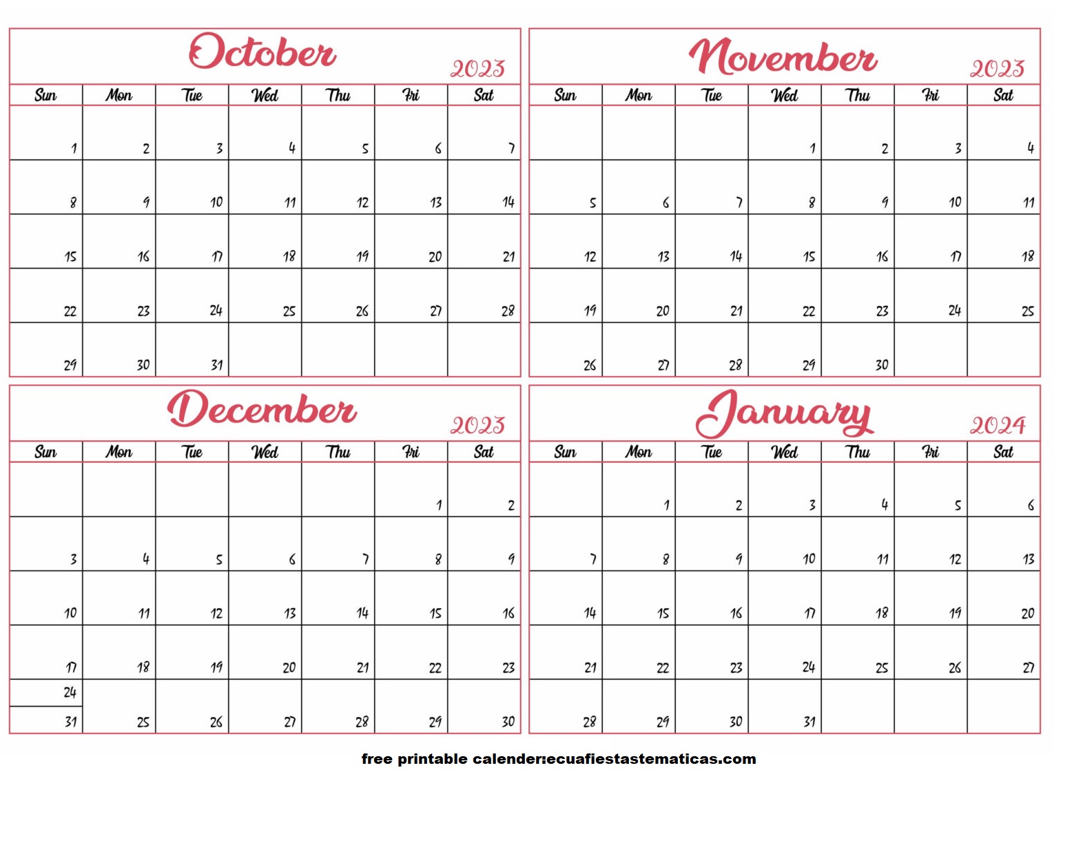 October 2023 to January 2024 Calendar Template