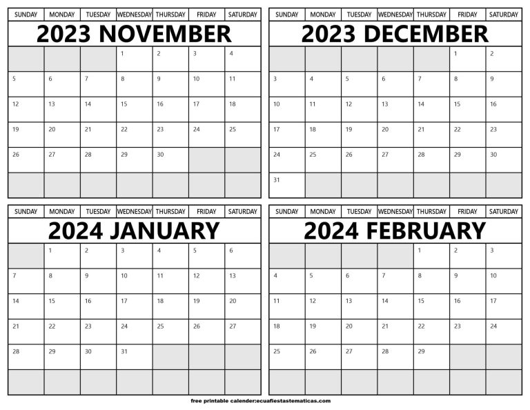 Printable Calendars November 2023 to February 2024