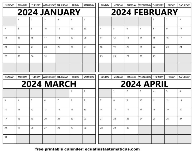 Printable January to April 2024 Calendars