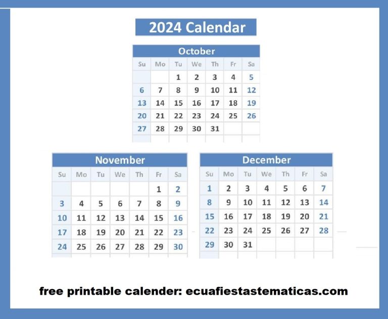 Printable October to December Calendar 2024