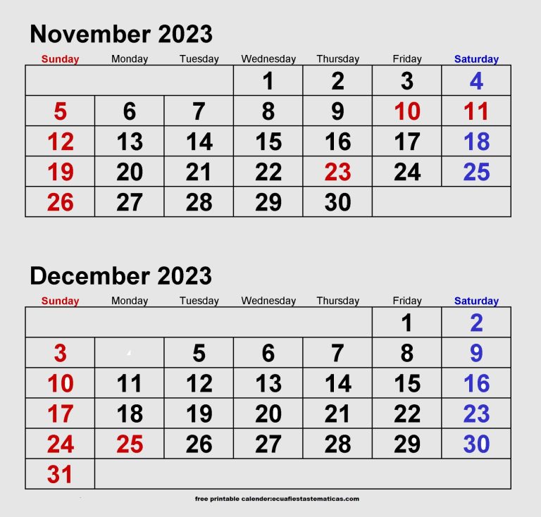 calendar november december 2023