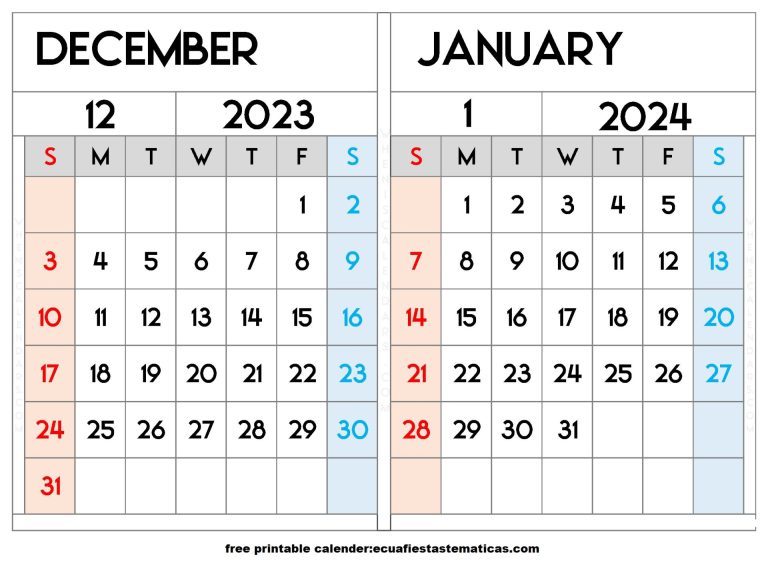 December 2023 January 2024 calendar printable