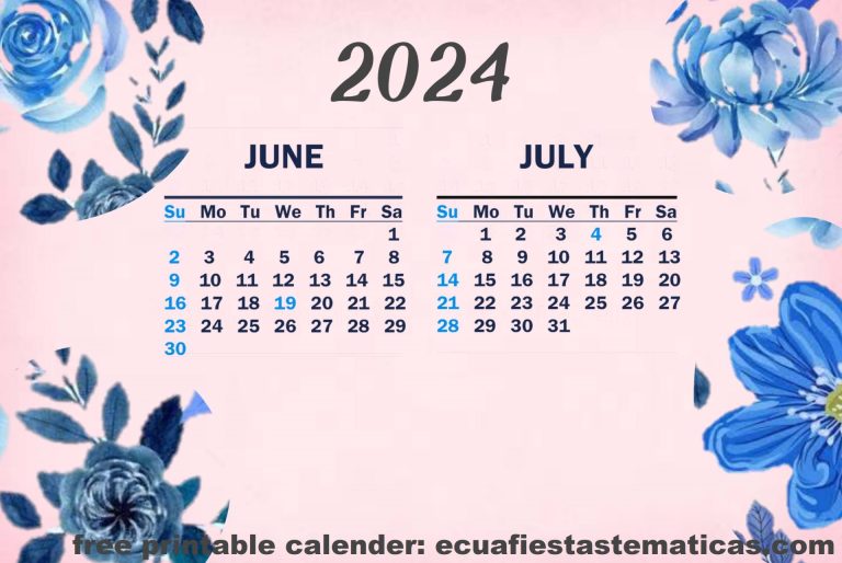 pintable June July Calendar 2024